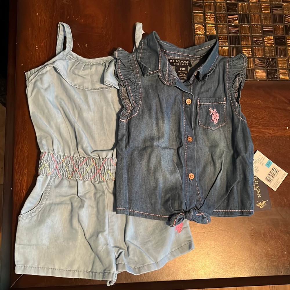 US Polo Association romper and button up sleeveless collared shirt in size 24M